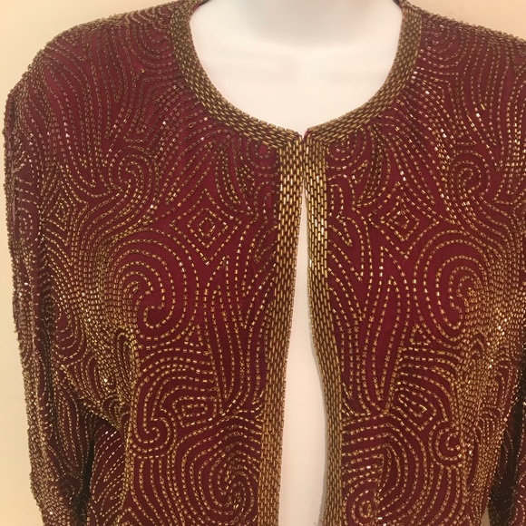 Niteline Della Roufogali SILK Wine/ Gold BEADED CROPPED EVENING JACKET! - Picture 4 of 12